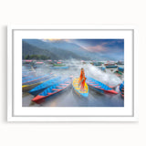 Abstract art print of a Himalayan landscape in muted blue and white tones, framed with a white mat.