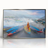 Mid-century modernist art depicting a serene Nepalese landscape in acrylic, framed in silver, ideal for nursery wall art.