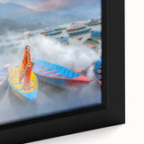 Extra large framed canvas featuring a textured, colorful depiction of a Nepalese landscape, ideal for living room decor.