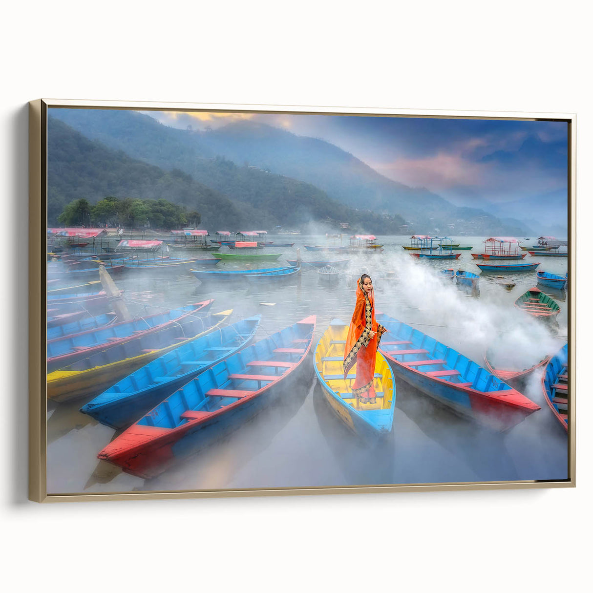 Framed canvas wall art depicting a serene Nepalese landscape in muted gold and black tones, suitable for bedroom decor.