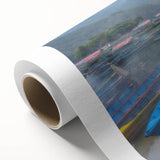 Art Deco poster of Nepalese scenery on rolled canvas, featuring muted earth tones, ideal for nursery wall art.