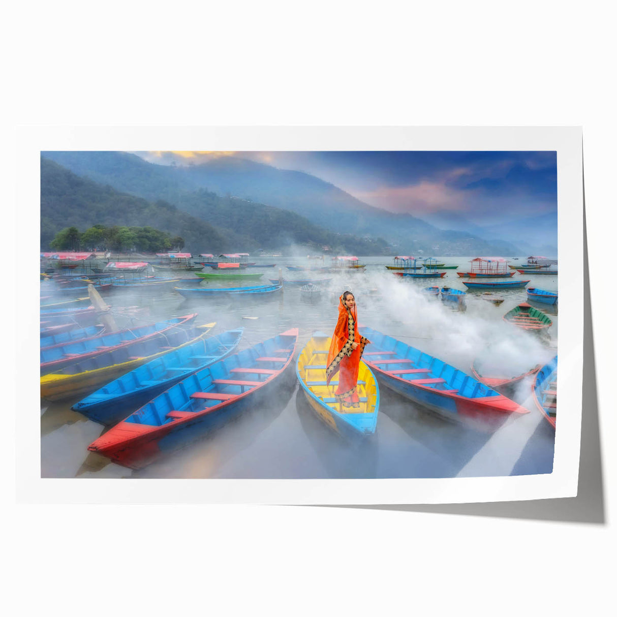 Extra large rolled print of a serene Nepalese landscape, featuring muted green and blue tones.
