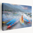 Large stretched canvas depicting a scenic Nepalese landscape in vivid green and blue tones, ideal for kitchen wall art.