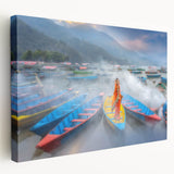 Large stretched canvas depicting a scenic Nepalese landscape in vivid green and blue tones, ideal for kitchen wall art.