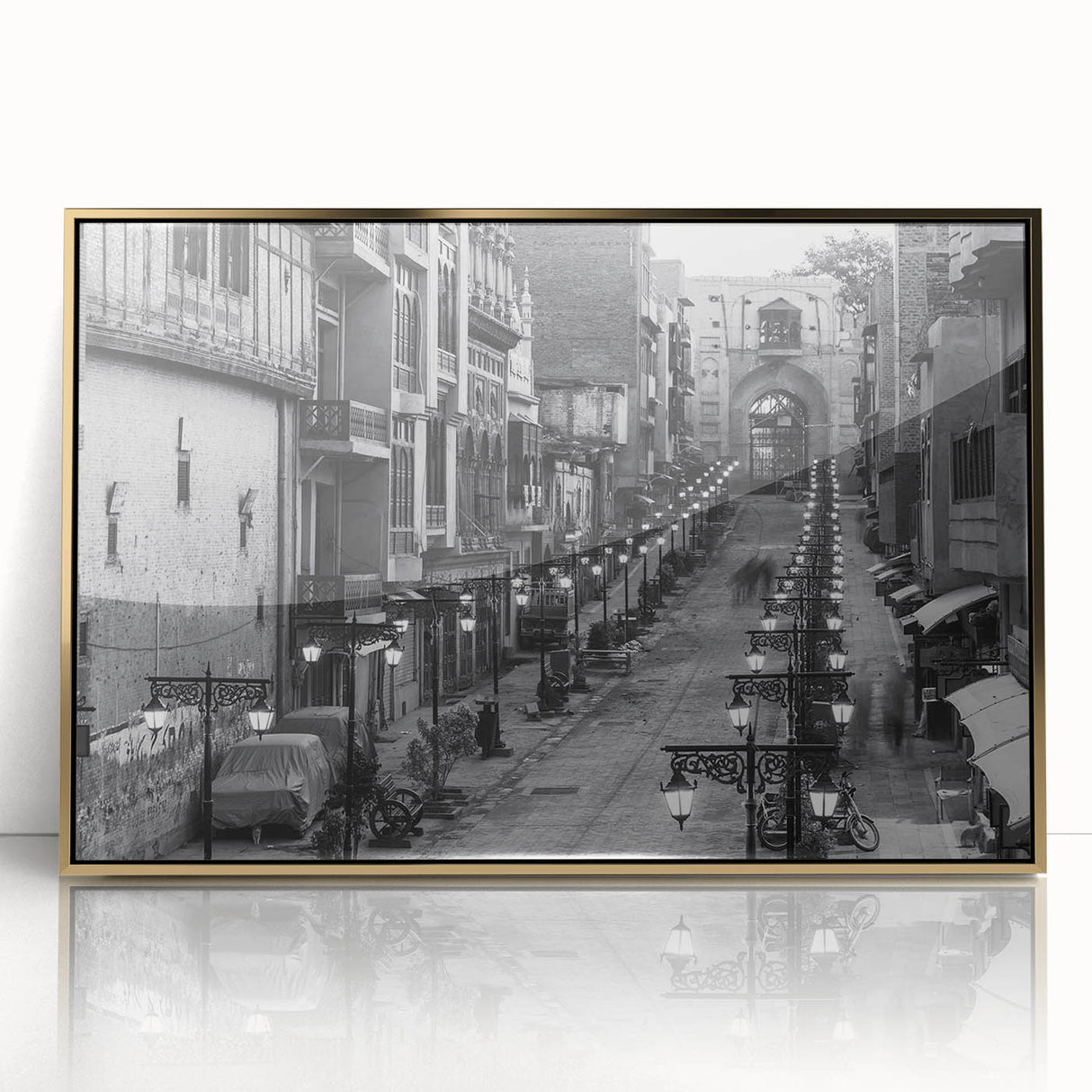 Mid-century modernist style large art print depicting a serene Pakistani landscape, in muted gold and green tones.