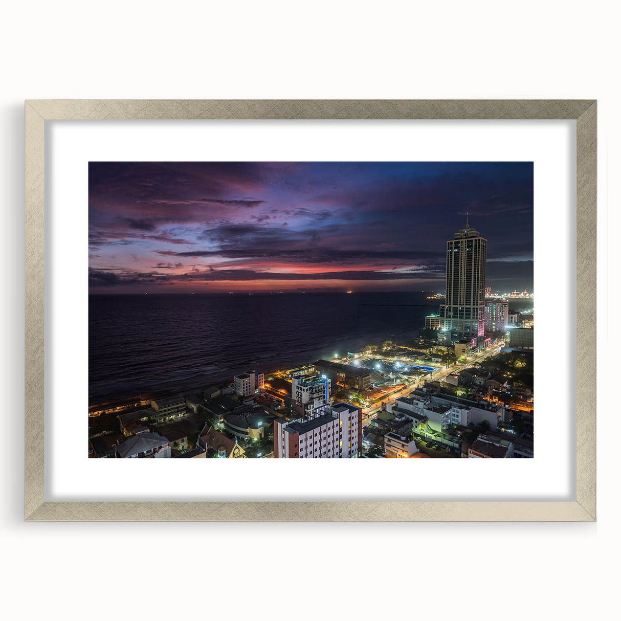 Textured abstract art print of a serene Sri Lankan landscape in muted earth tones, framed in silver, ideal for bedroom art.