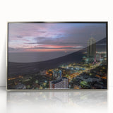 Mid-century modernist art depicting a serene Sri Lankan landscape in cool blue tones, framed acrylic.