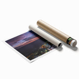 Extra large rolled print of a serene Sri Lankan landscape in muted green and blue tones.