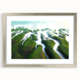 Textured art print depicting an abstract Taiwanese landscape in muted earth tones, framed in silver, ideal for bedroom decor.