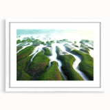 Abstract art print of a serene Taiwanese landscape in muted green and blue tones, framed with a white mat.