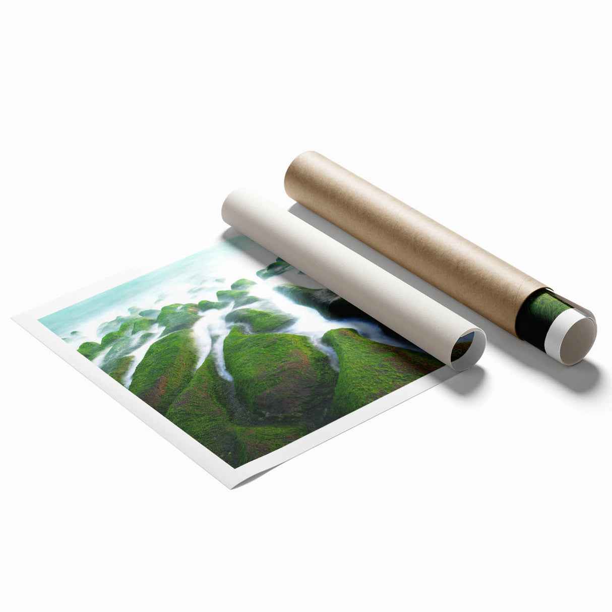 Extra large rolled print of a serene Taiwanese landscape with lush florals in vibrant greens and blues.
