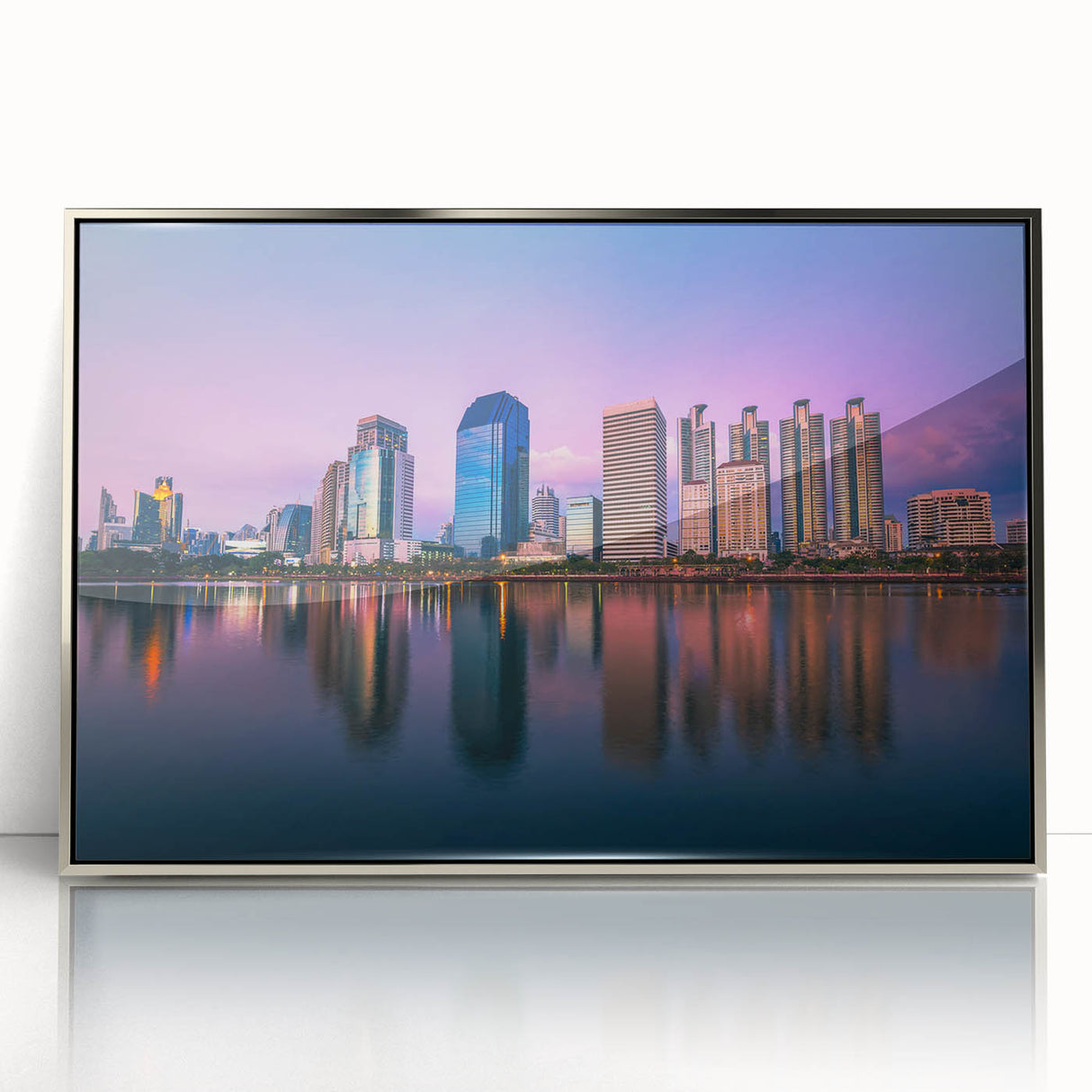 Framed acrylic print of Bangkok skyline in mid-century modernist style with silver frame, suited for modern art wall decor.