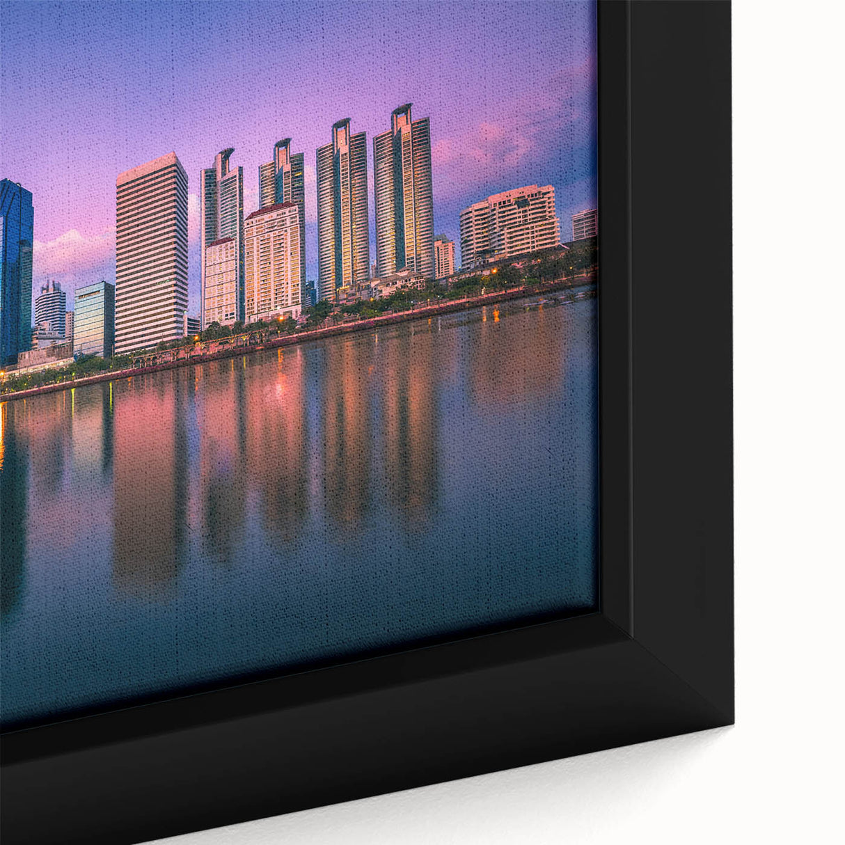 Framed canvas of a textured, colorful Bangkok cityscape in black, ideal for extra large living room wall art.