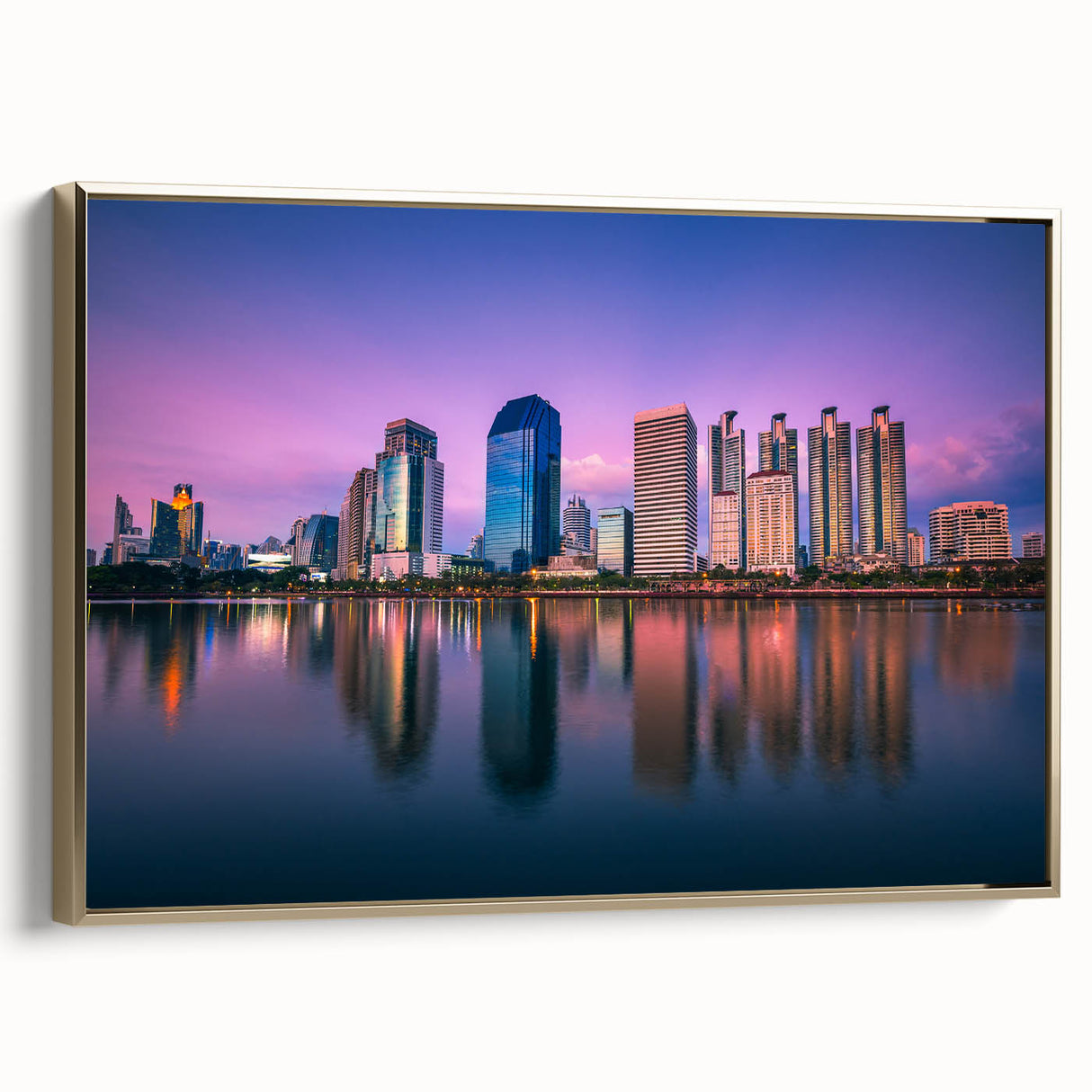 Framed canvas landscape of Bangkok with golden hues, ideal for bedroom wall art.