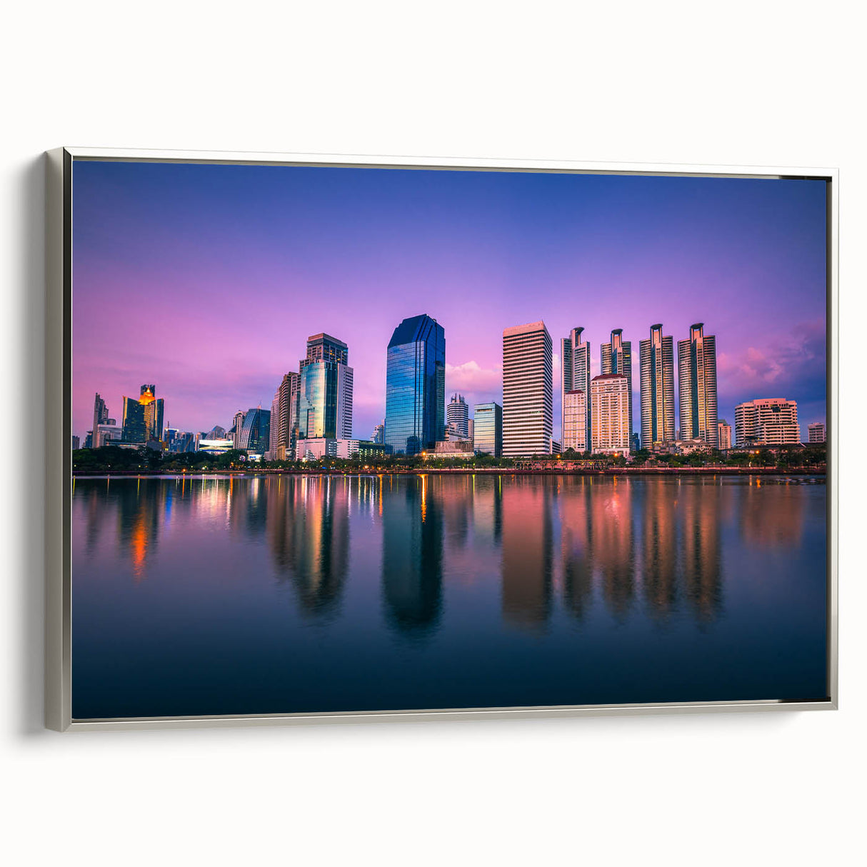 Framed canvas landscape art painting of Bangkok with a vintage poster style, featuring vibrant colors on a black background.