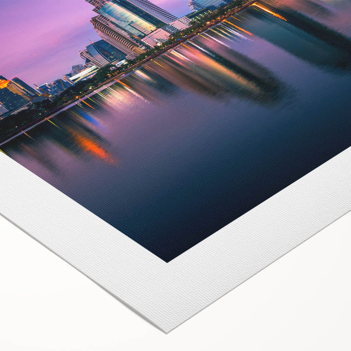 Art deco poster of Bangkok skyline in muted gold and black hues on rolled canvas, suitable for dining room wall art.