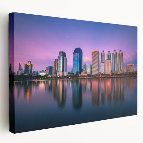 Large stretched canvas featuring a Bangkok cityscape in muted gray and blue tones, ideal for kitchen wall art.