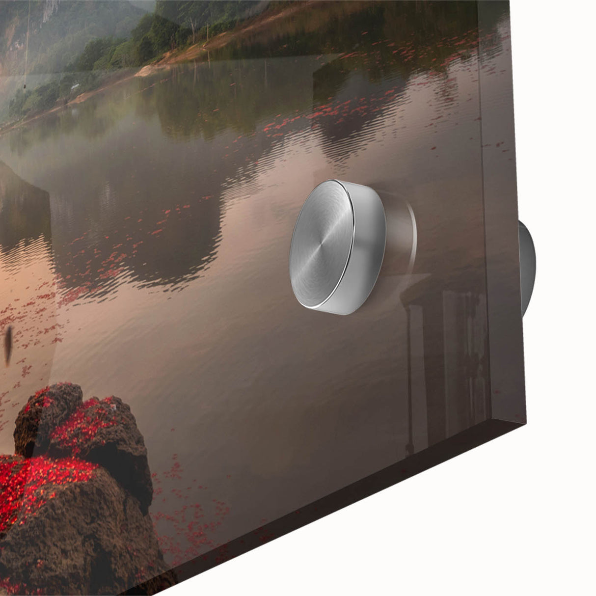 Large abstract wall art depicting a mid-century modernist Thai landscape in muted earth tones on acrylic glass.