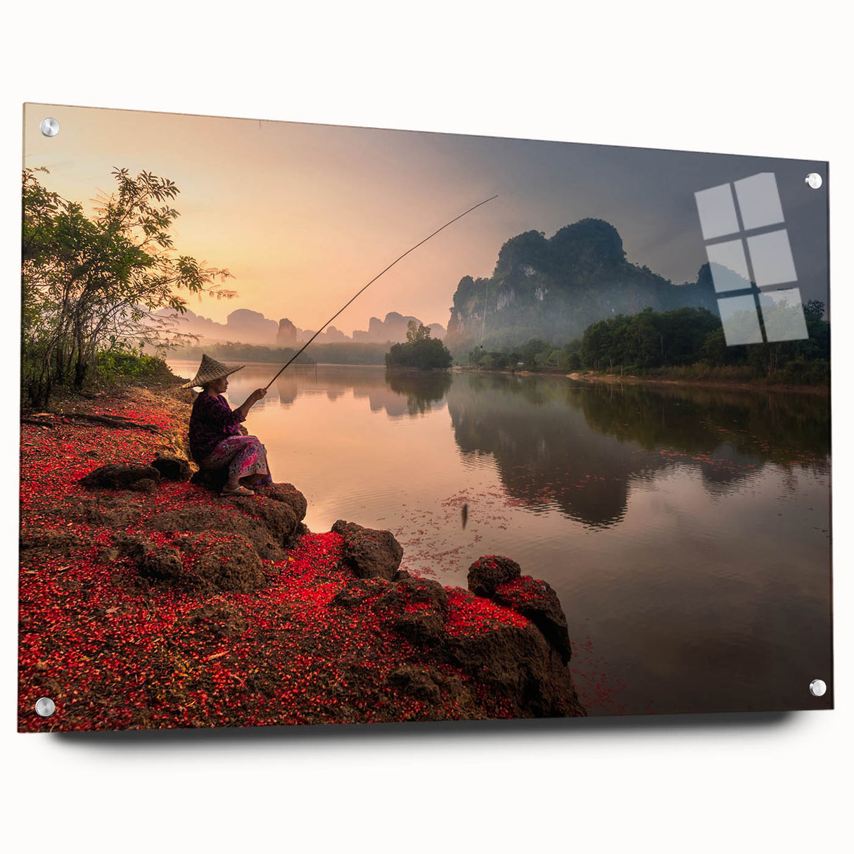 Acrylic print of a large abstract depiction of a Thai landscape in vibrant blues and greens.