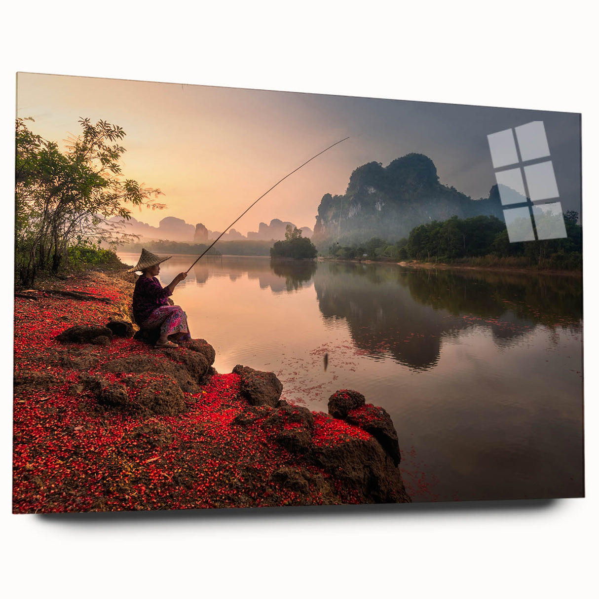 Large abstract wall art depicting a serene Thai landscape on acrylic glass, suitable for bedroom or dining room decor.