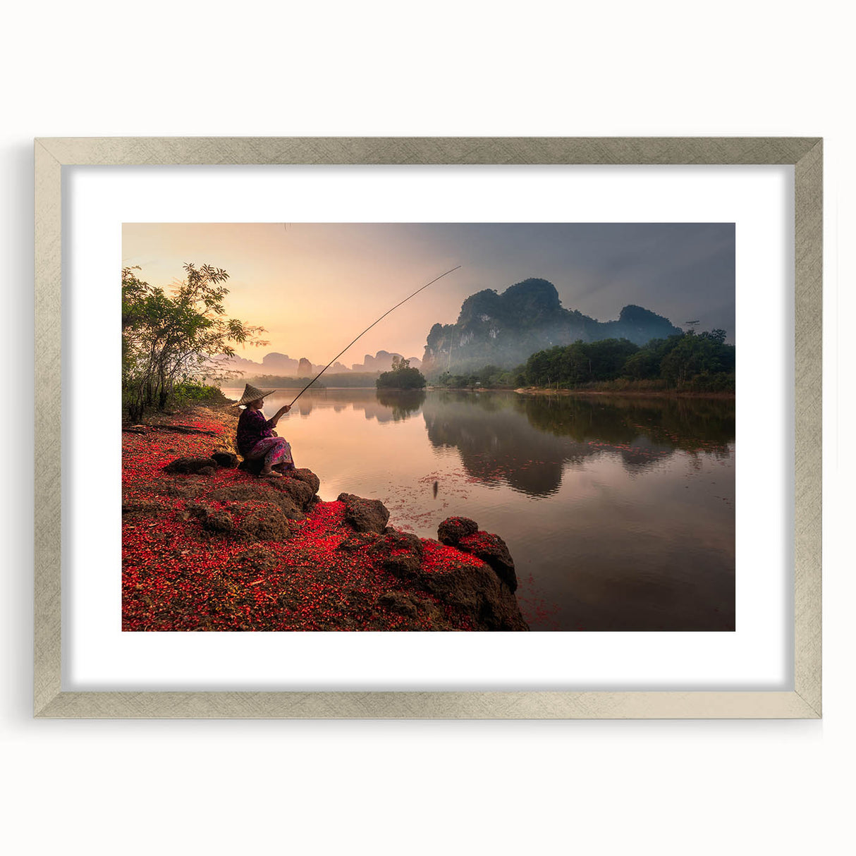 Textured abstract art print of an Asian scenery in muted earth tones, framed with a silver mat, suitable for bedroom decor.