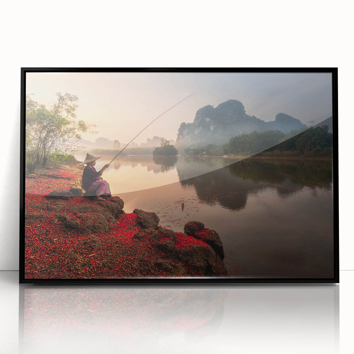 Large abstract wall art depicting a vibrant Thai landscape in acrylic on a black framed canvas.