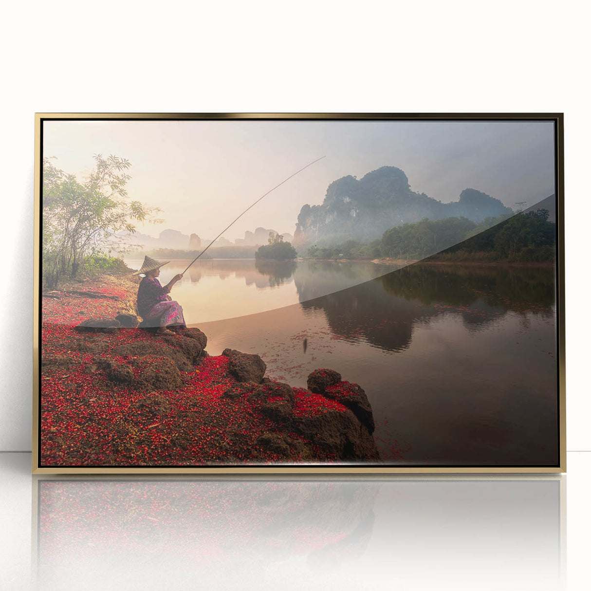Mid-century modernist style large art print of a Thai landscape in gold tones on acrylic, ideal for modern art wall decor.