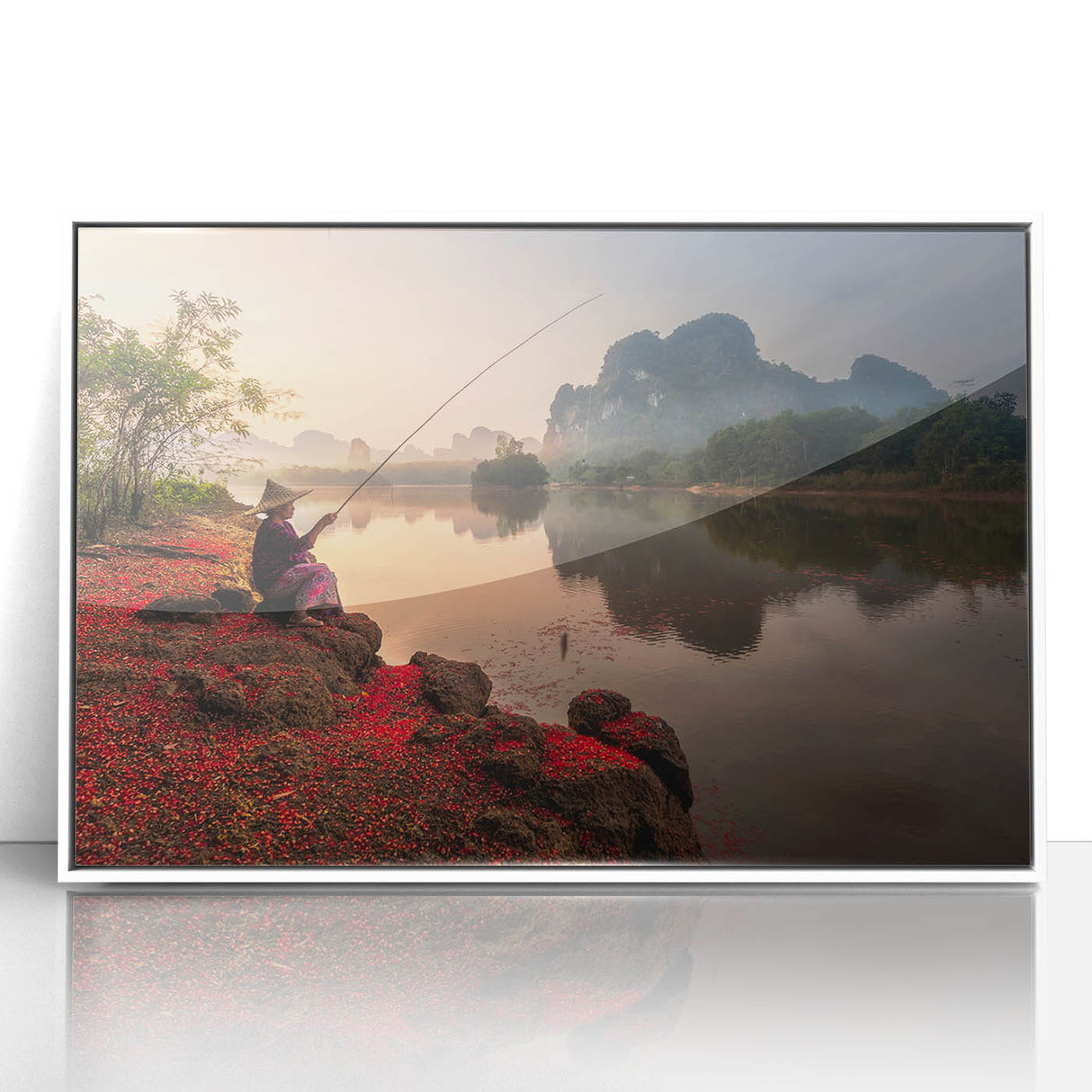 Acrylic print of a serene Thai landscape in muted greens and blues, framed in white.