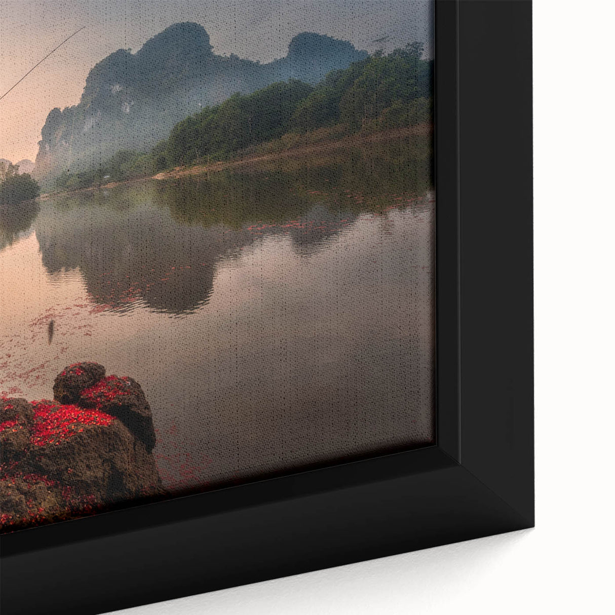 Close-up of a textured, black wall art depicting vibrant, colorful Thai scenery on a framed canvas.