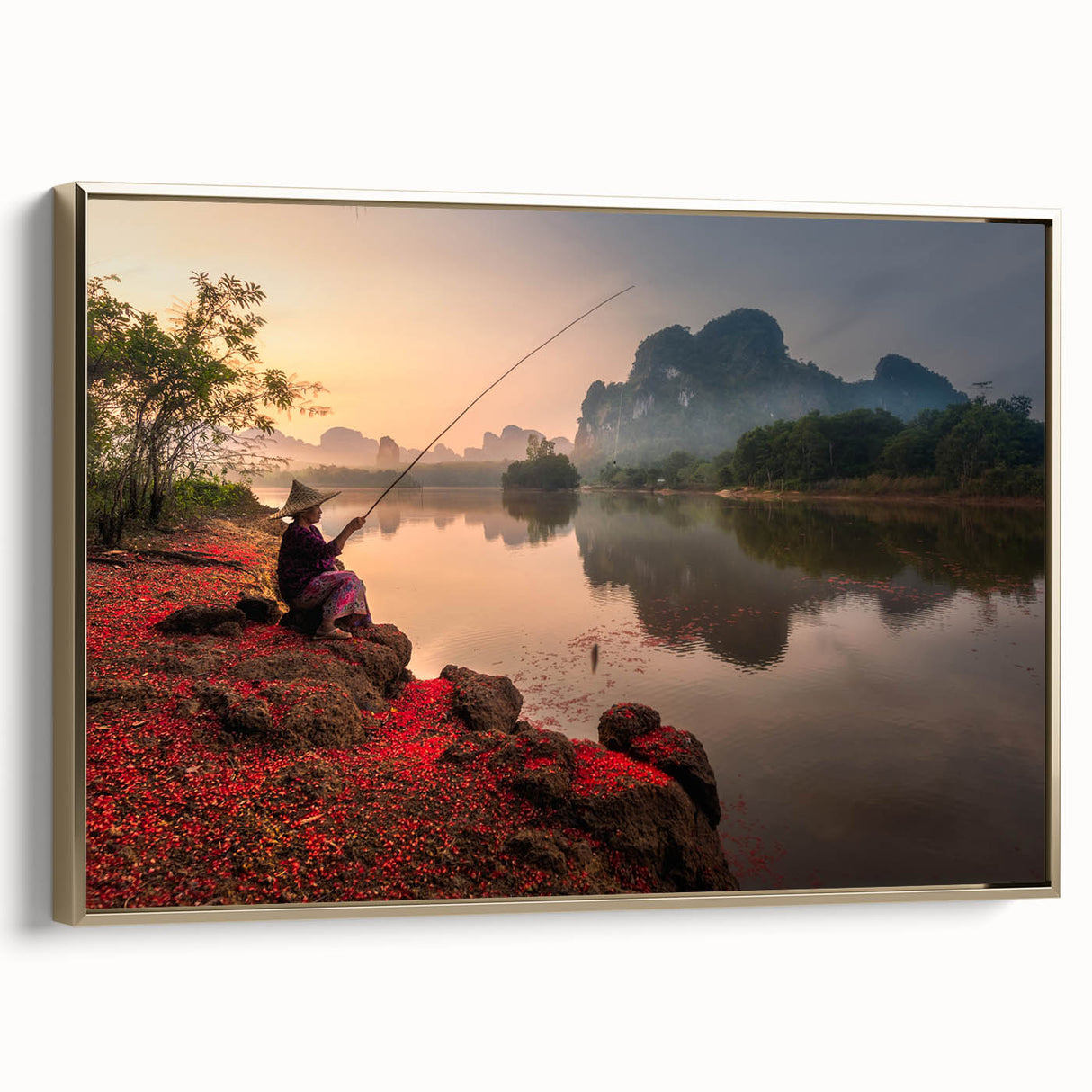 Framed canvas depicting a tranquil Thai landscape in muted gold and black tones, ideal for bedroom wall decor.