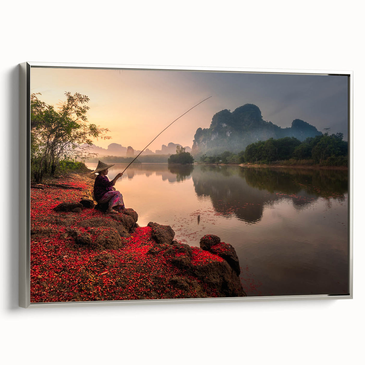 Landscape art painting of a Thai scenery on framed canvas, featuring vibrant colors against a black background.