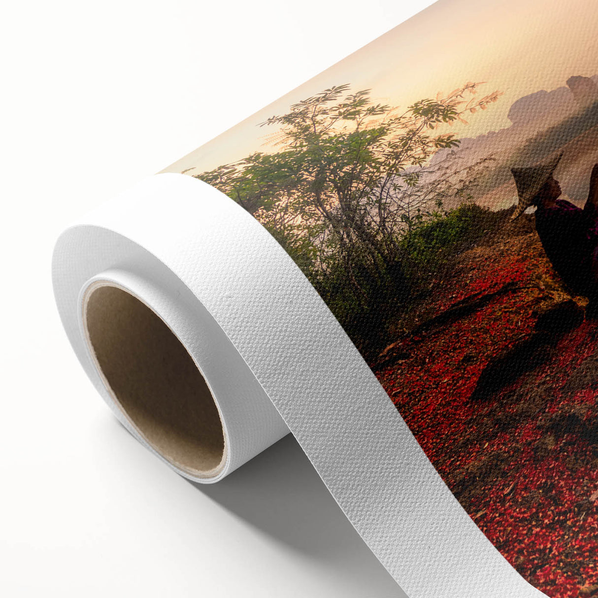 Art deco poster of a serene Thai landscape on rolled canvas, with soft blue and green tones, ideal for nursery wall art.