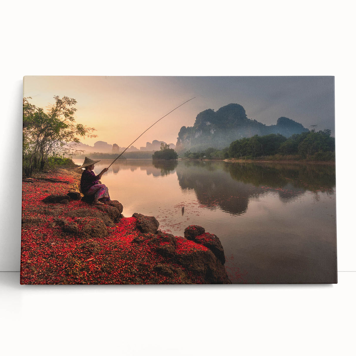 Large black and white stretched canvas of Asian landscape, ideal for kitchen wall art or bedroom décor.