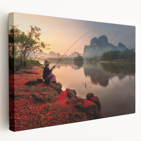 Large canvas print featuring a serene Thai landscape in muted green and blue tones, suitable for kitchen wall art.