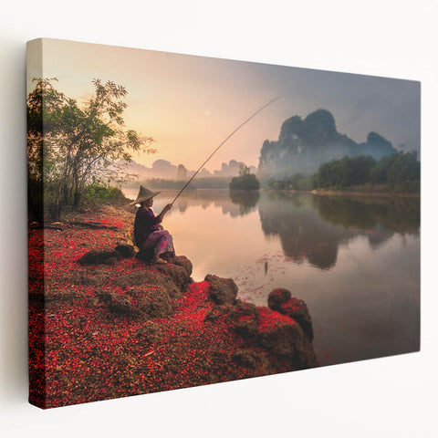 Large canvas print featuring a serene Thai landscape in muted green and blue tones, suitable for kitchen wall art.