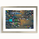 Textured art print of an abstract Vietnamese landscape in muted greens and browns, framed in silver, ideal for bedroom art.