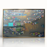 Framed acrylic print of a Vietnamese landscape in mid-century modernist style, featuring earthy and gold tones.