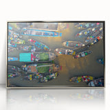 Mid-century modernist art depicting a serene Vietnamese landscape in muted greens and blues, framed acrylic.