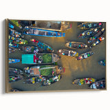 Framed canvas featuring a vintage-style landscape painting of a Vietnamese scenery in gold and black tones.