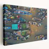 Side view of a stretched canvas featuring a scenic Vietnamese landscape in muted green and blue tones.