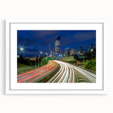 Extra large abstract art print of Brisbane scenery in textured style, with muted earth tones on a white framed canvas.