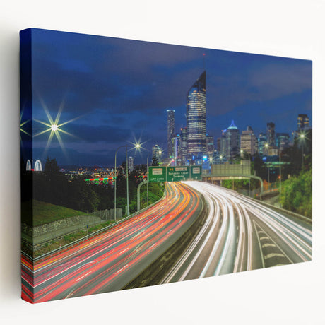 Large art print of Brisbane skyline in muted blue tones on stretched canvas, ideal for kitchen wall decor.