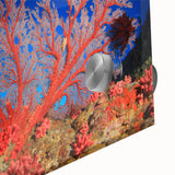 Large abstract depiction of the Great Barrier Reef in vibrant blue and green tones on acrylic glass.