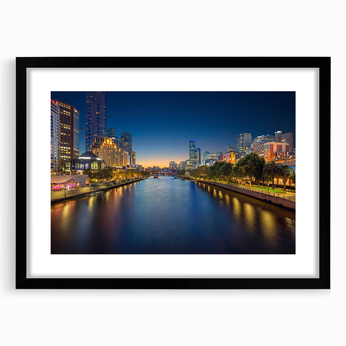 Extra large textured abstract art print of colorful Melbourne scenery in a black frame, ideal for living room decor.