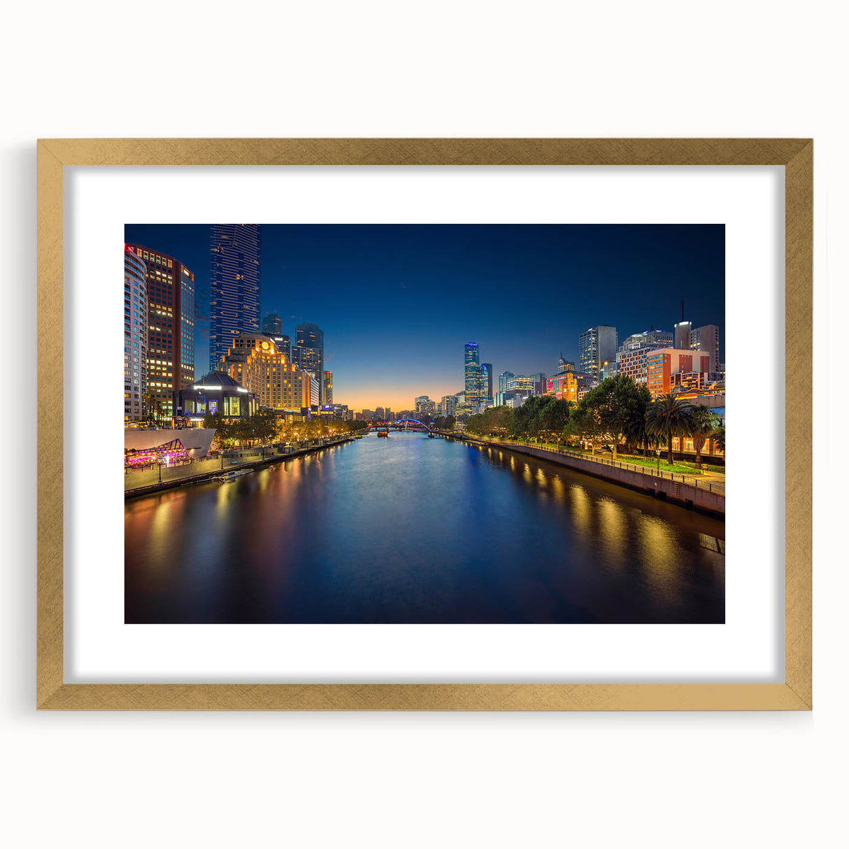 Textured abstract art print of Melbourne scenery in gold frame, with muted earth tones, ideal for bedroom art.