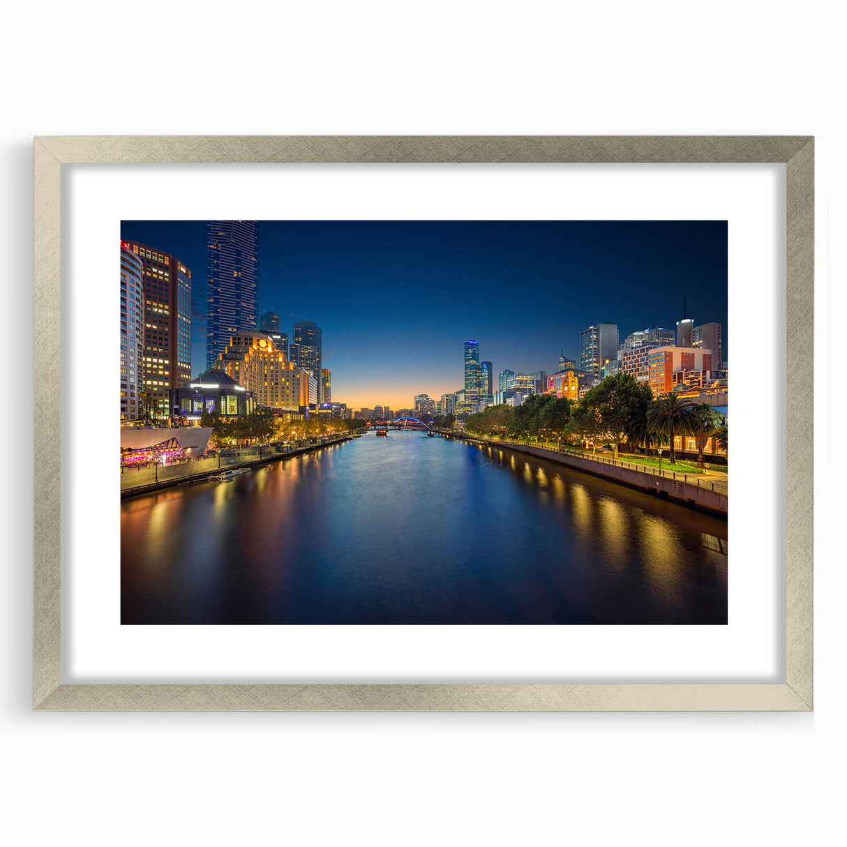 Abstract art print of Melbourne skyline in muted blue and gray tones on a framed canvas, suitable for dining room decor.