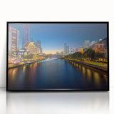 Large abstract wall art depicting Melbourne skyline in muted gray and blue tones on framed acrylic.
