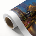 Art deco poster of Melbourne skyline in muted gray and blue tones on rolled canvas, ideal for nursery wall art.