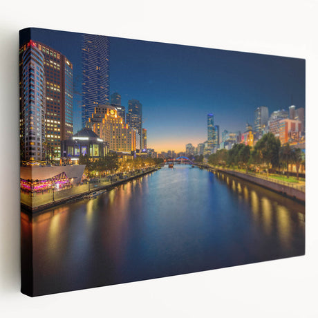 Panoramic view of Melbourne skyline in muted blue and gray tones on stretched canvas, suitable for kitchen wall art.