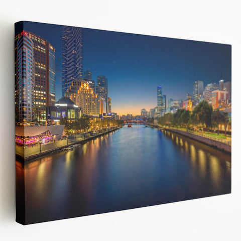 Panoramic view of Melbourne skyline in muted blue and gray tones on stretched canvas, suitable for kitchen wall art.